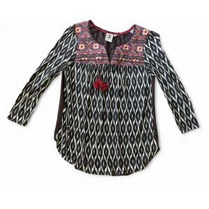 One September Anthropologie Boho Embroidered Tunic Blouse Black Red Ikat Print S